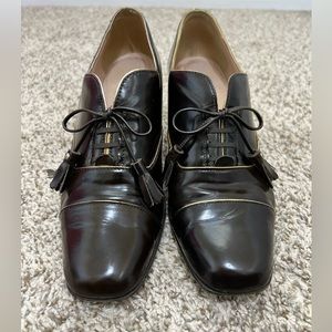 Anyi Lu Shoe Dark Brown Leather Kitten Heel Bow Detail Y2K Retro Vibe Size 37.5